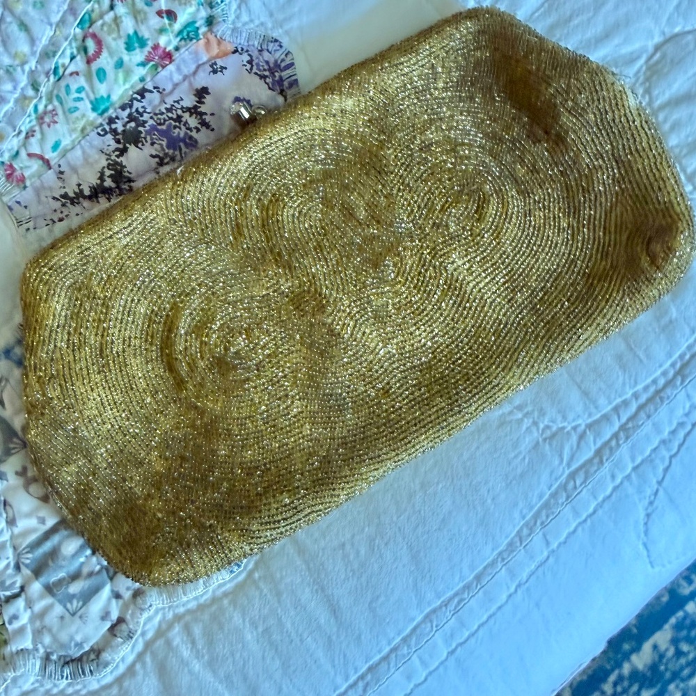 Vtg. Gold Beaded Handbag with hand mirror in pocket